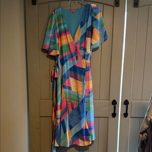Flying Tomato Colorblock Wrap Midi Dress in Blue, Green, Pink, Yellow size L
